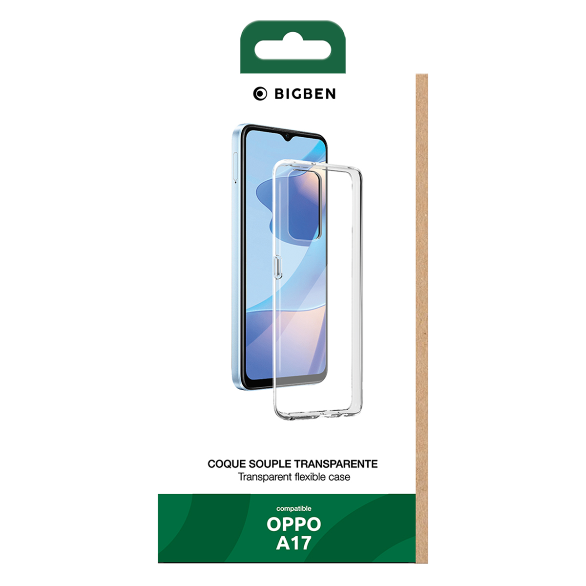 Una confezione di custodia per telefono con il marchio Bigben e il modello OPPO A17.