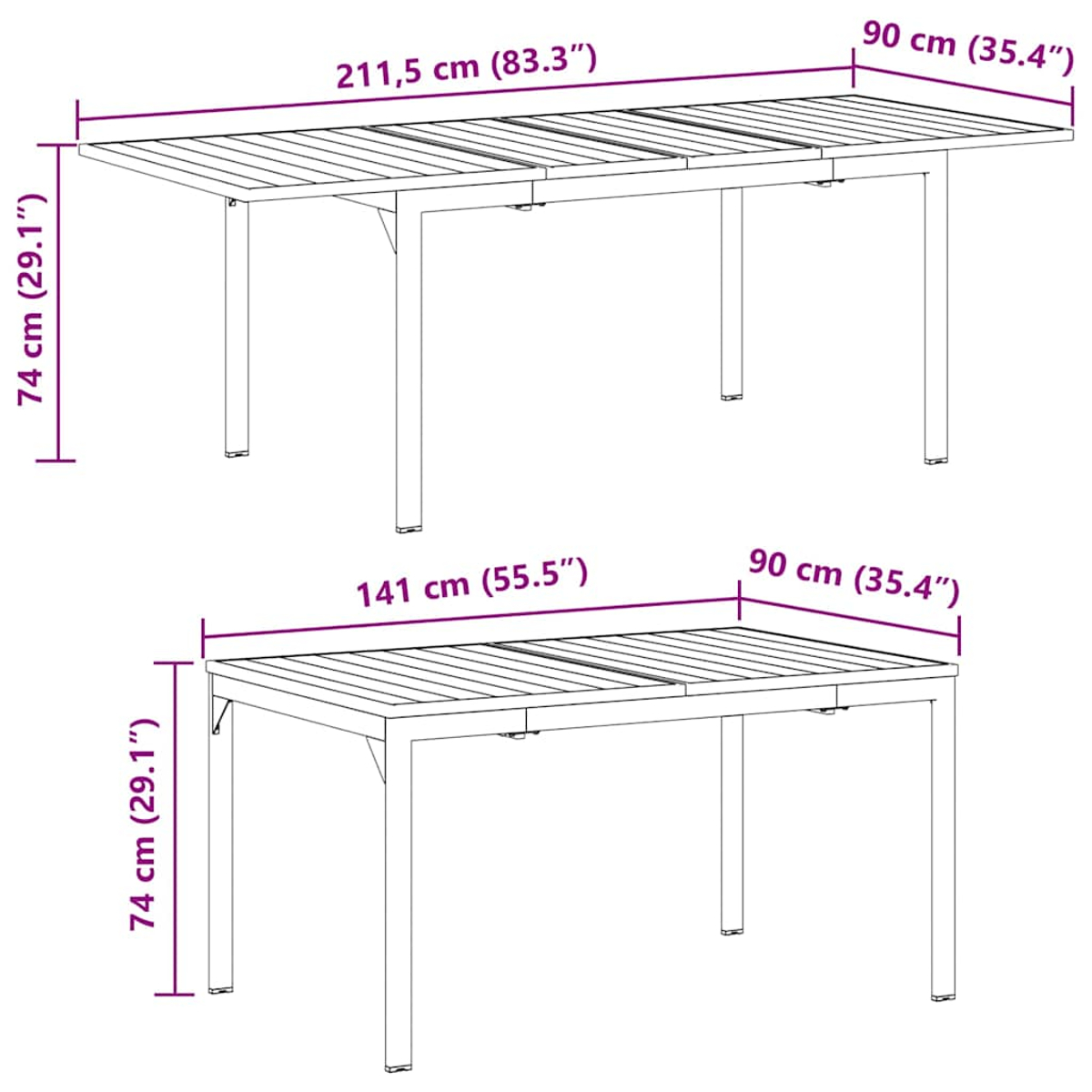 Dos mesas con dimensiones etiquetadas. Una mesa está extendida, la otra no. Ambas son rectangulares.