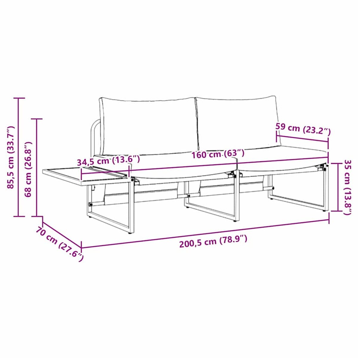 Outdoor-Sofa mit Maßen, einschließlich Beistelltisch. Höhe und Länge.