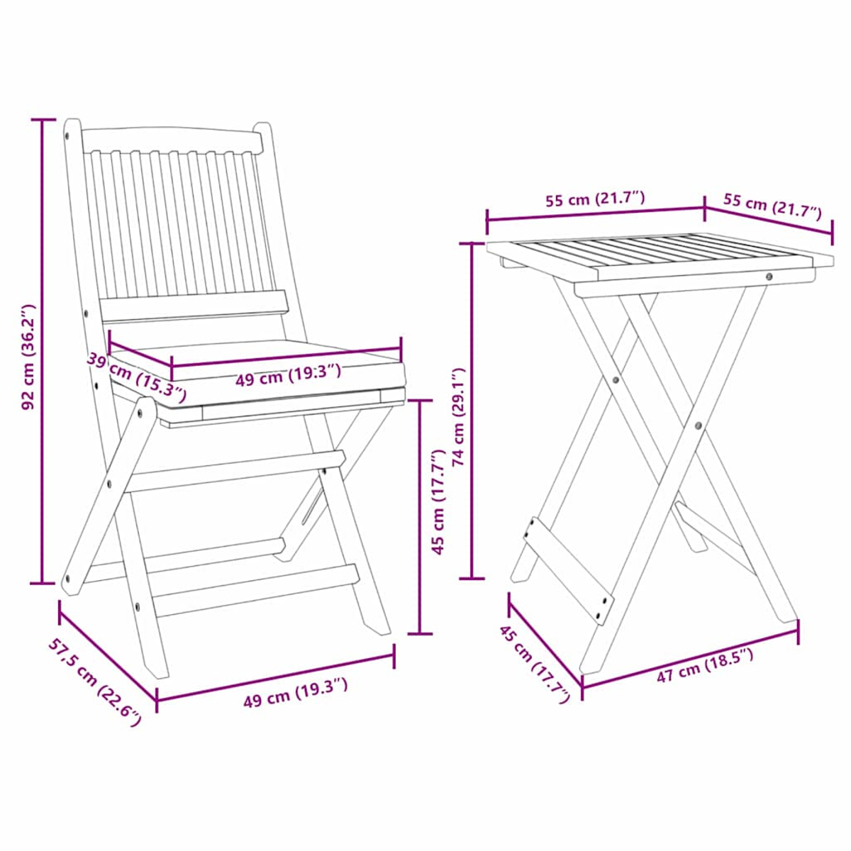 Klappstuhl und Beistelltisch aus Holz mit Maßen, Höhe und Breite.