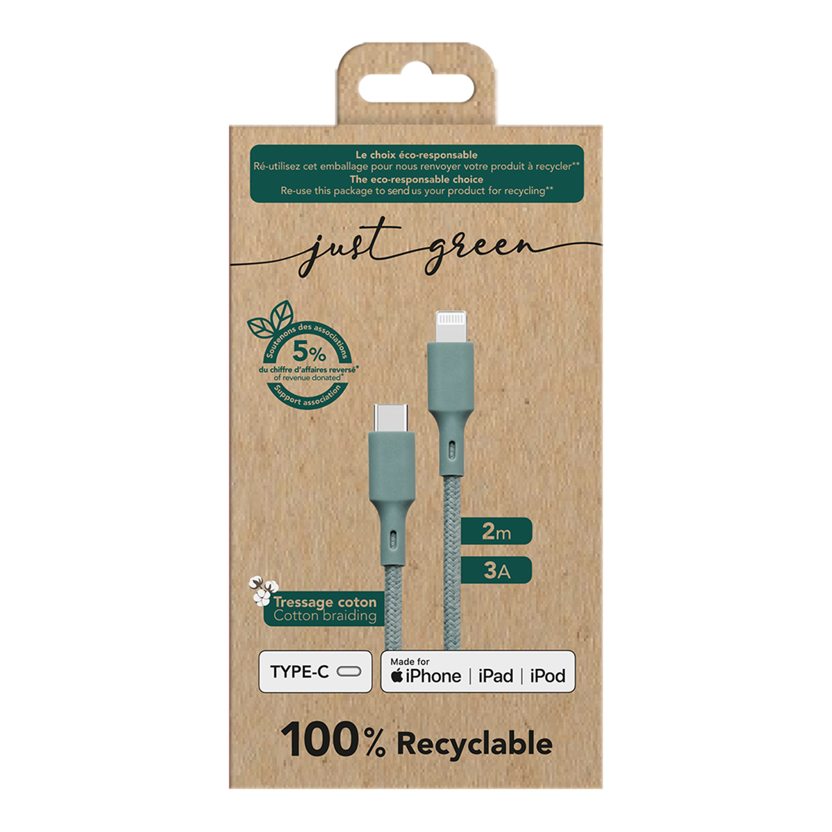Un emballage pour un câble de chargement. L'emballage est marron avec le texte 'just green' et un câble à l'intérieur.