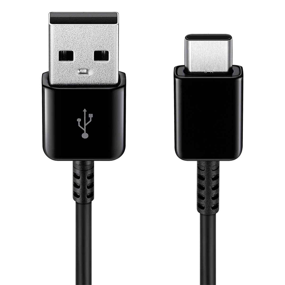 Ein schwarzes USB-A-zu-USB-C-Ladekabel. Anschlüsse sind dargestellt.
