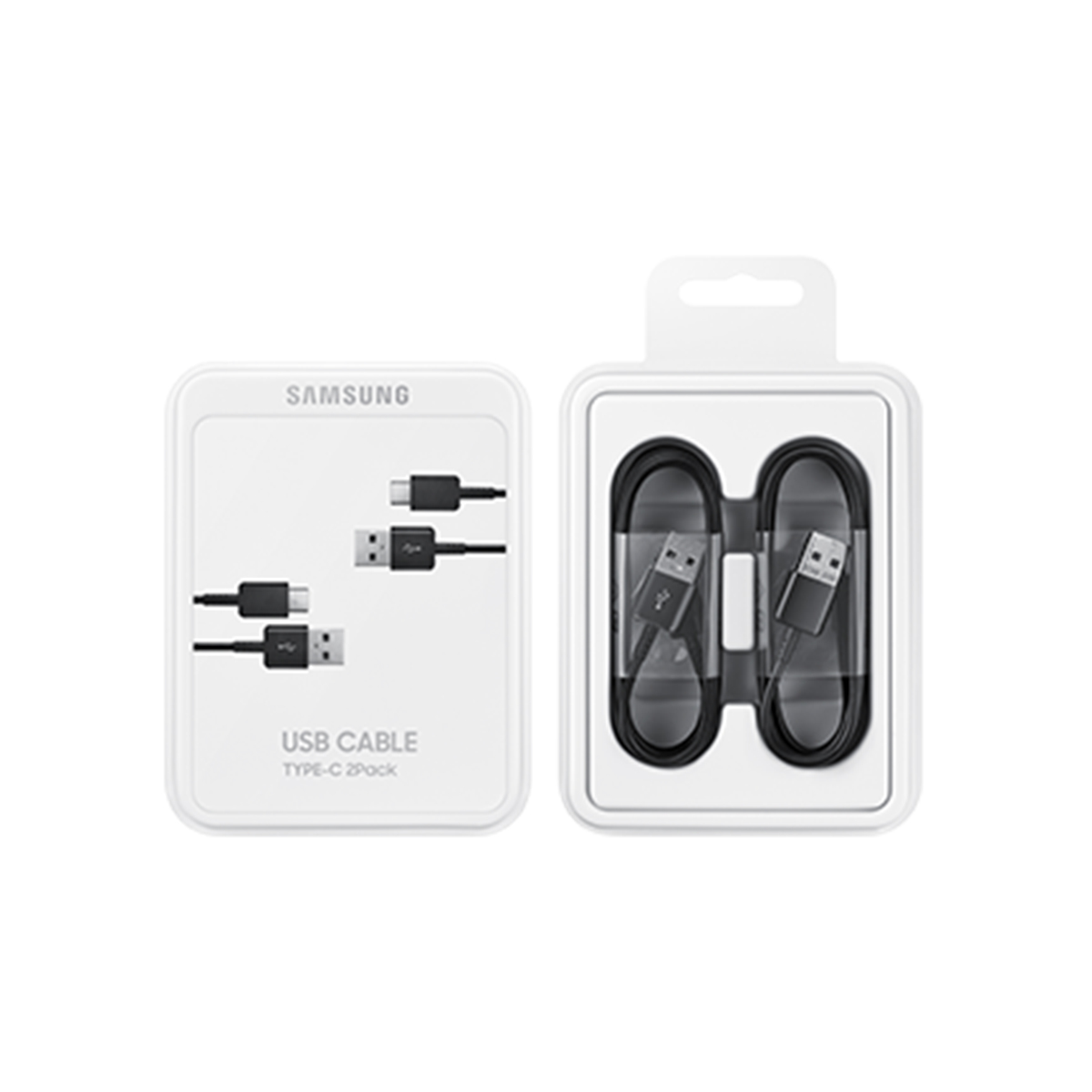 Eine weiße Verpackung mit zwei schwarzen USB-Kabeln, mit der Marke 'SAMSUNG' und 'USB CABLE'.