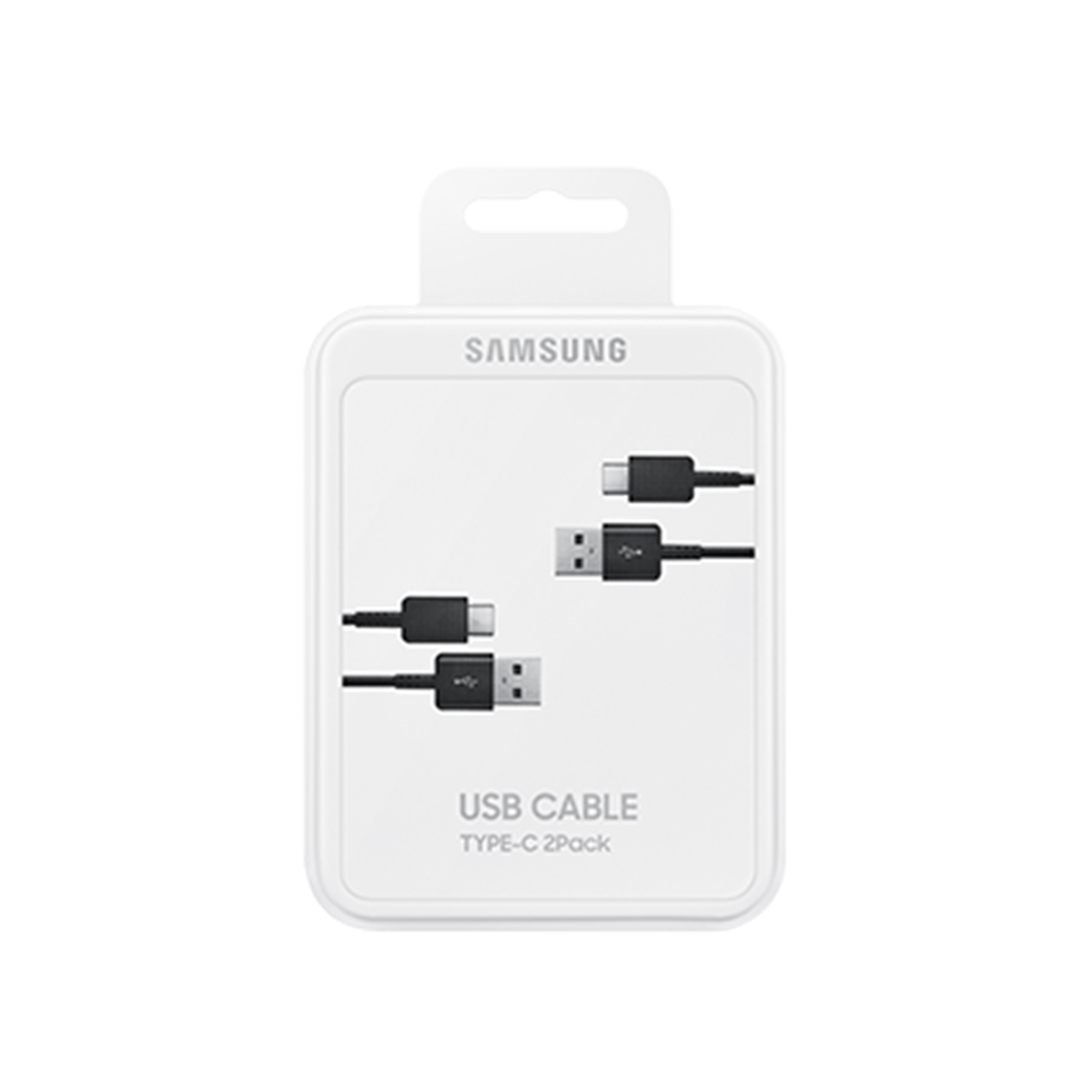 Eine weiße Verpackung mit zwei schwarzen USB-C-Kabeln.