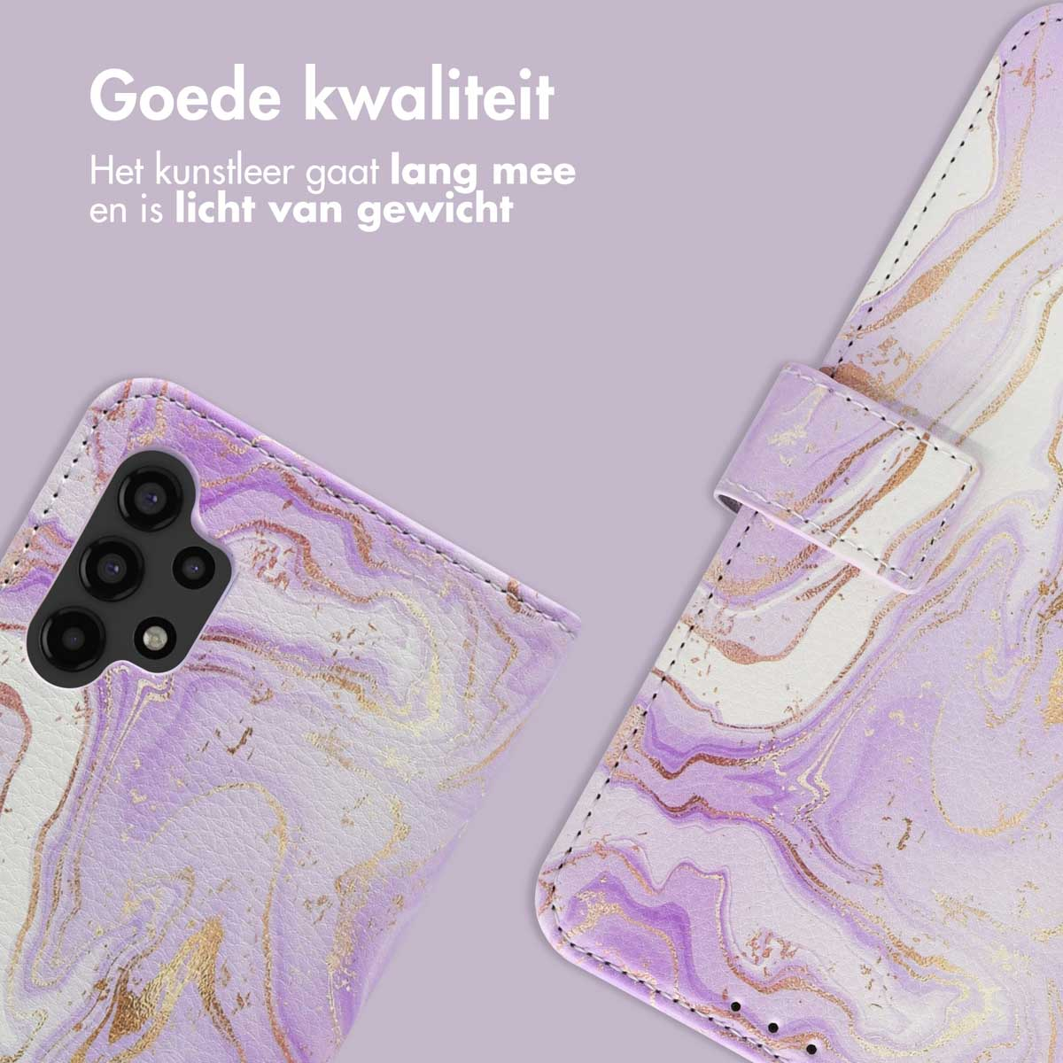 Gros plan d'une coque de téléphone avec un motif marbré violet et or. La coque est sur un fond violet.
