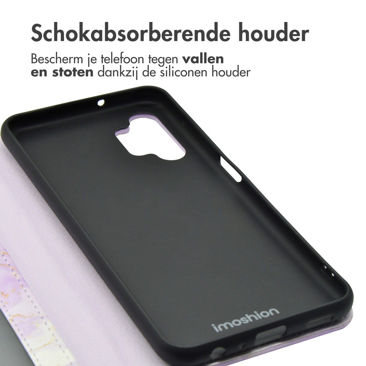 Coque de téléphone noire ouverte, intérieur texture violette. Texte: Support absorbant les chocs.