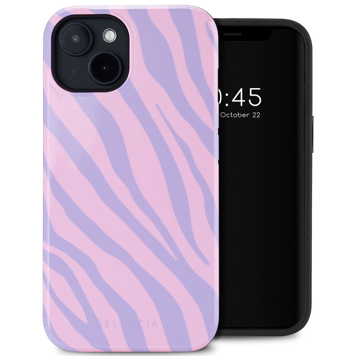Telefoonhoesje met een zebrapatroon. De hoes is roze en paars. De telefoon is zwart en toont de tijd.