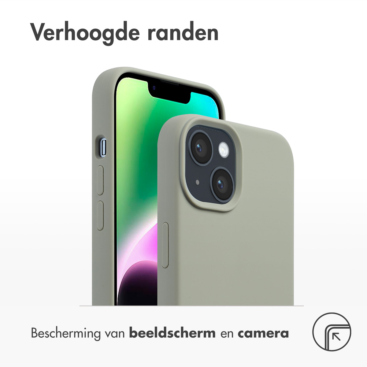 Deux téléphones dans des coques, un vert, un noir, montrant des bords surélevés. Texte: Protection écran et caméra.