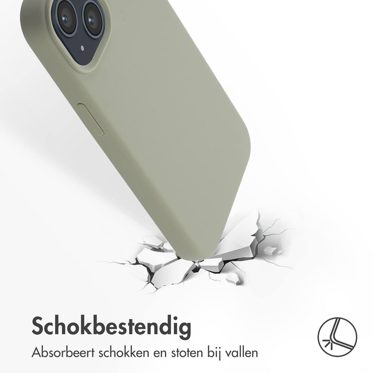 Une coque de téléphone qui tombe. La coque est vert olive. Le sol se fissure à l'impact. Texte : Antichoc.