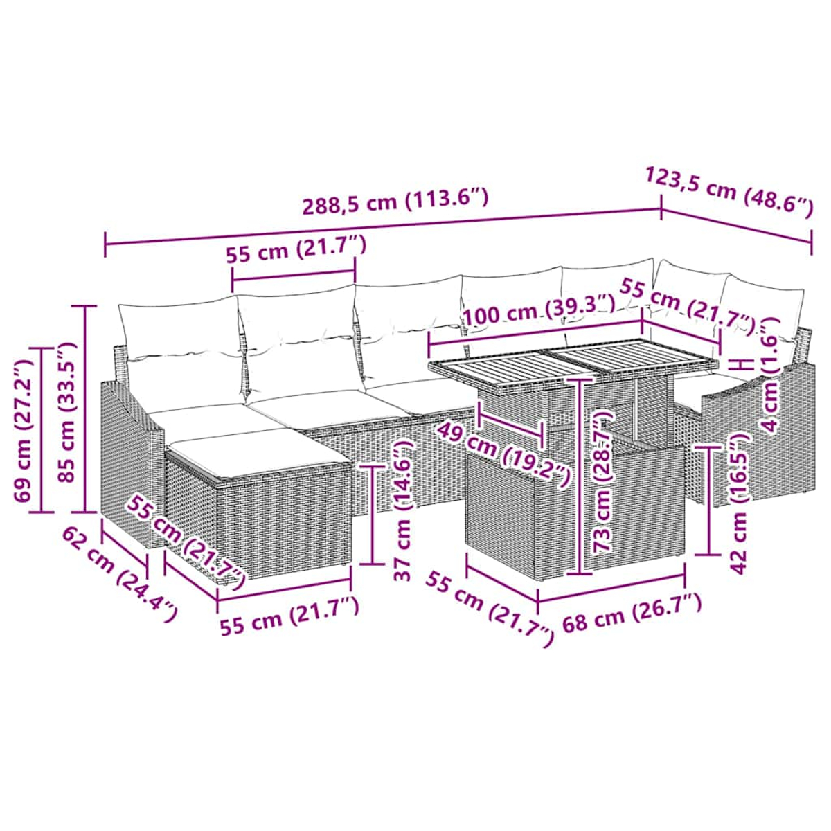 Ein Outdoor-Sofa-Set mit Abmessungen. Das Set besteht aus Korbgeflecht mit Tisch und Stühlen.