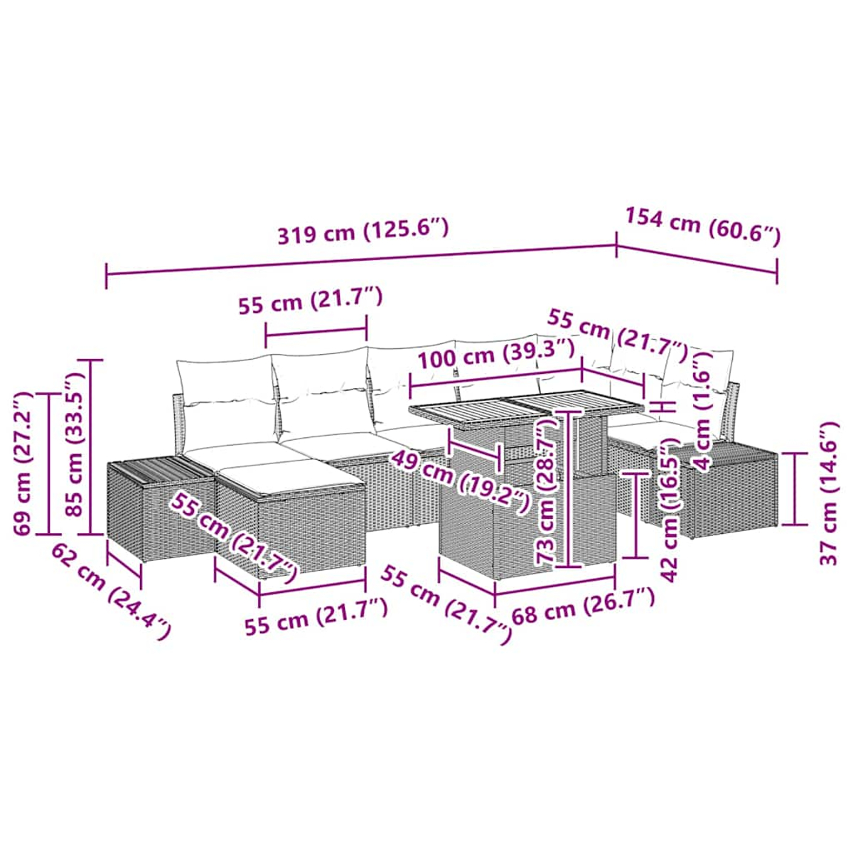 Ein Terrassenset-Diagramm mit Abmessungen, das ein Sofa, einen Tisch und Hocker aus gewebtem Material zeigt.
