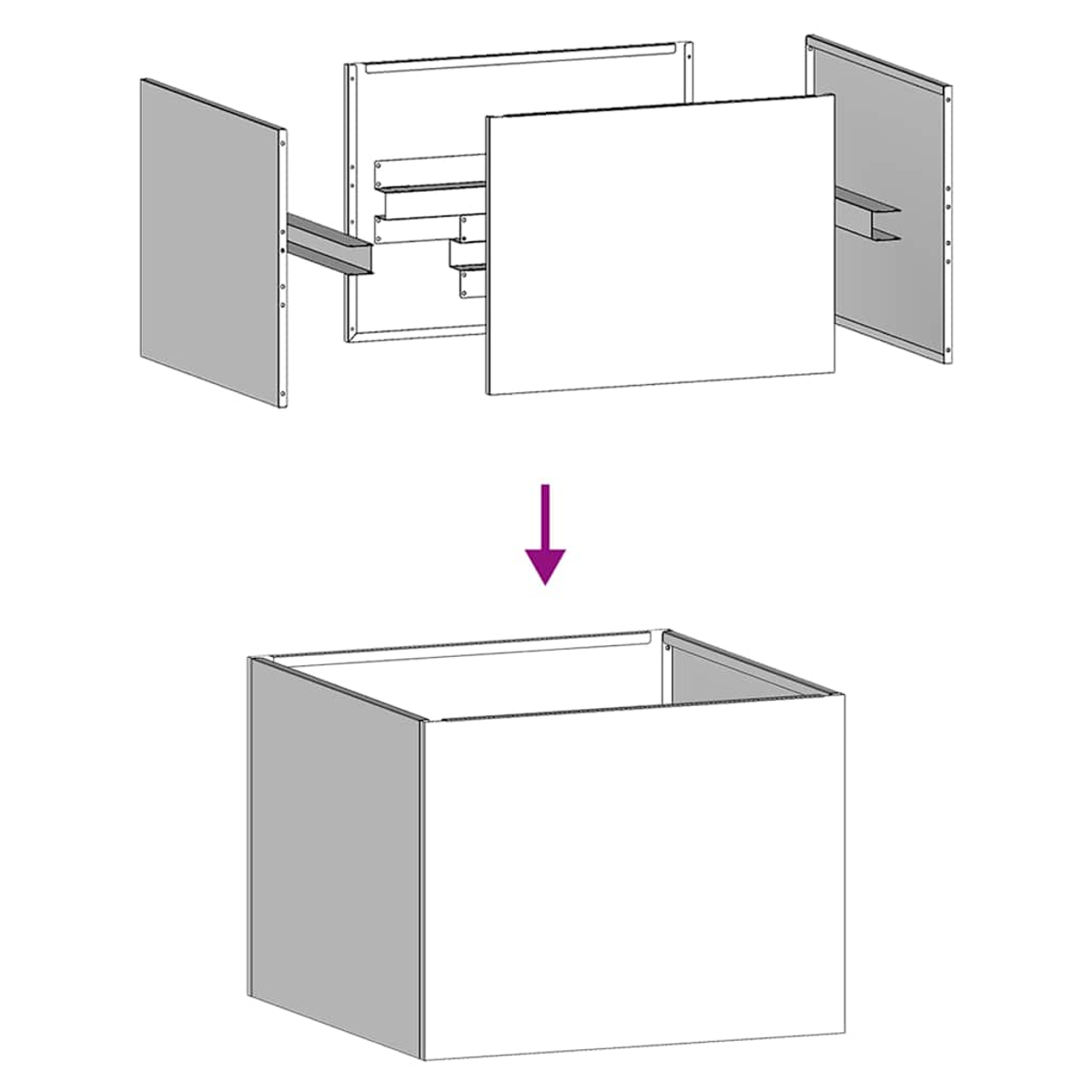 Un diagramma mostra l'assemblaggio di una scatola. Pannelli grigi si inseriscono in una base, guidati da una freccia viola.