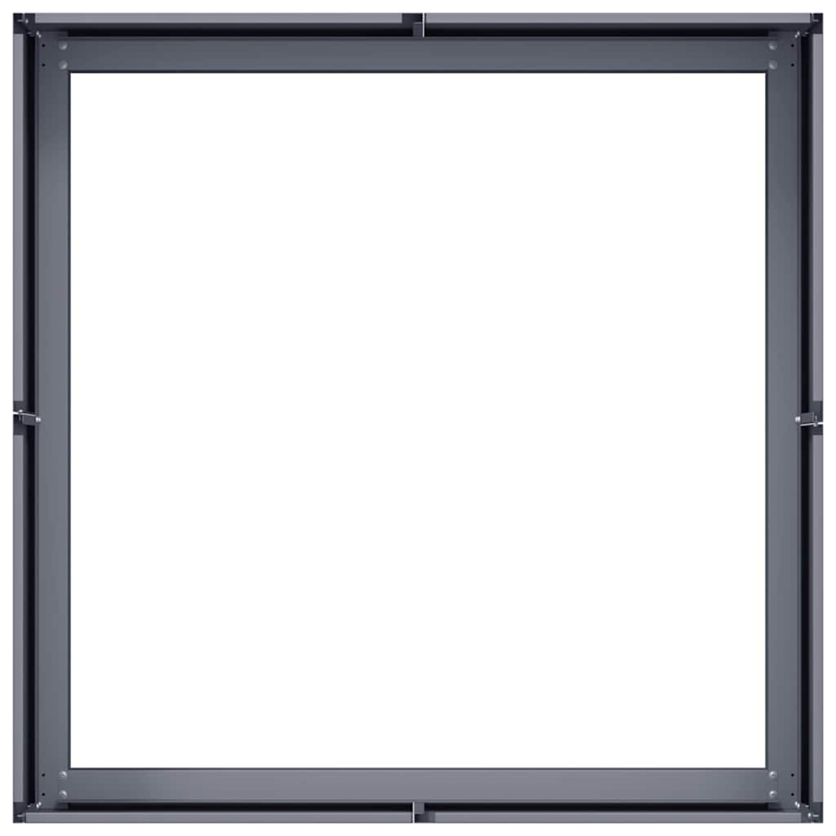 Un telaio metallico grigio a forma quadrata. Il centro è vuoto, creando uno spazio bianco.