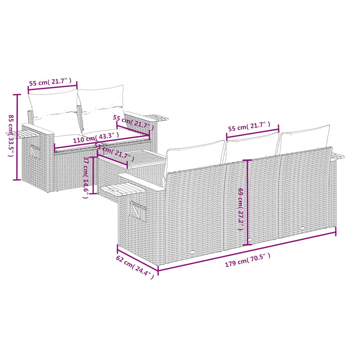 Geflochtenes Outdoor-Sofaset mit in cm angegebenen Abmessungen. Das Set hat weiße Kissen.
