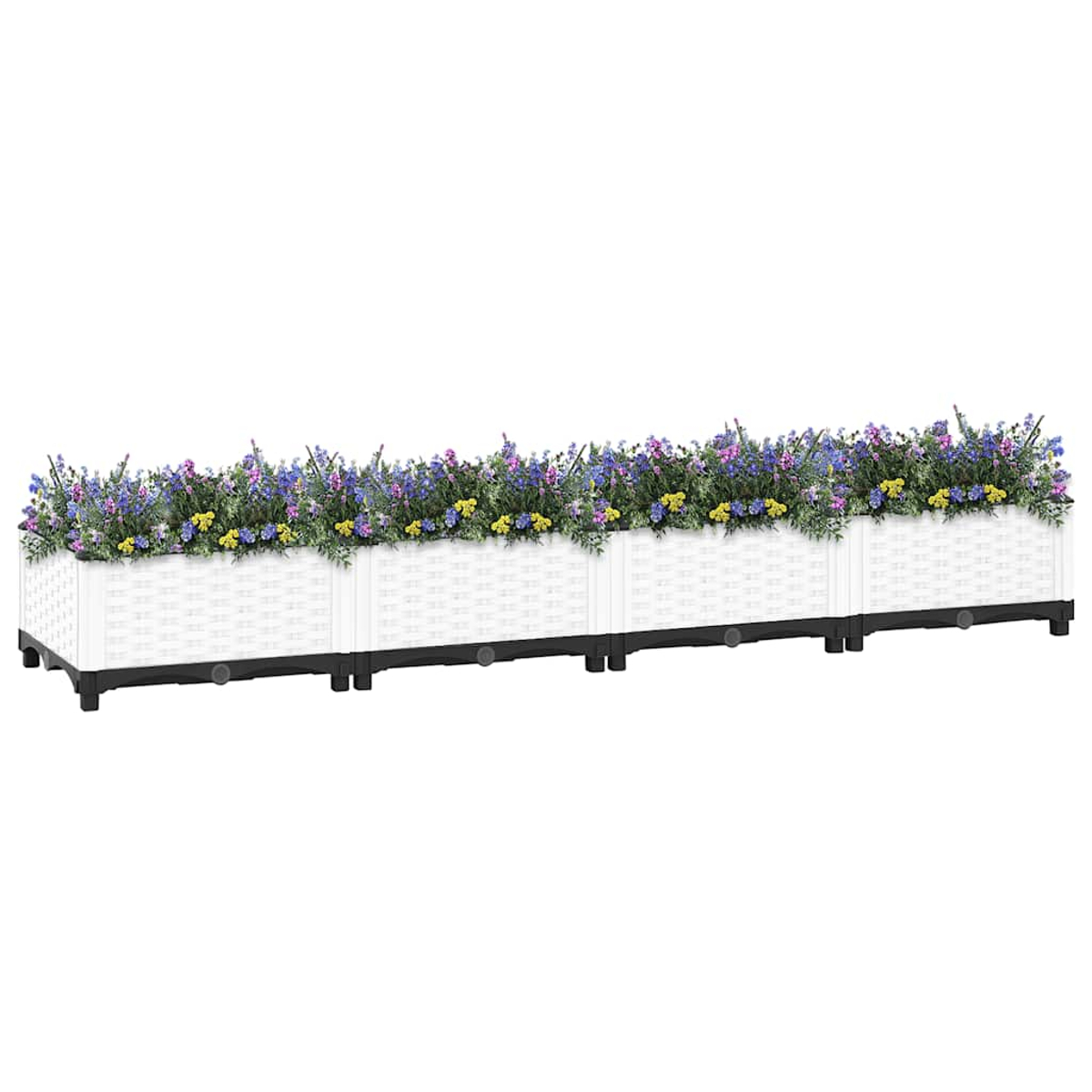 Ein langer, weißer Pflanzkasten enthält eine Auswahl an bunten Blumen vor einem weißen Hintergrund.