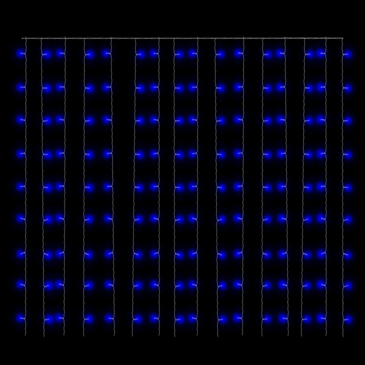 Bild eines Vorhangs aus blauen LED-Leuchten auf schwarzem Hintergrund, der ein Muster erzeugt.