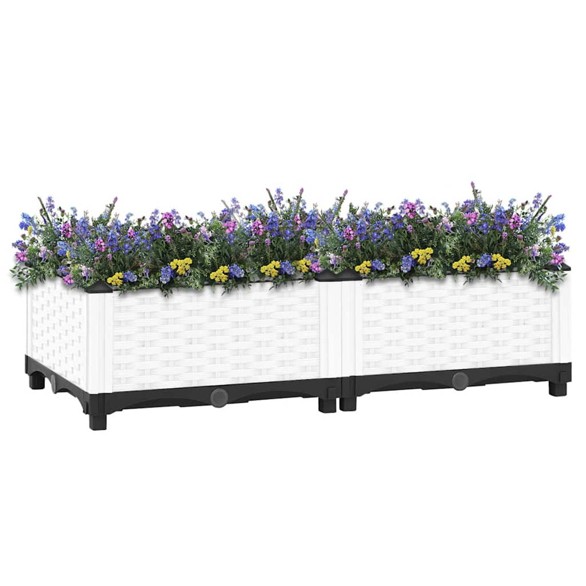 Zwei weiße Pflanzgefäße mit schwarzen Basen, gefüllt mit bunten Blumen, vor weißem Hintergrund.