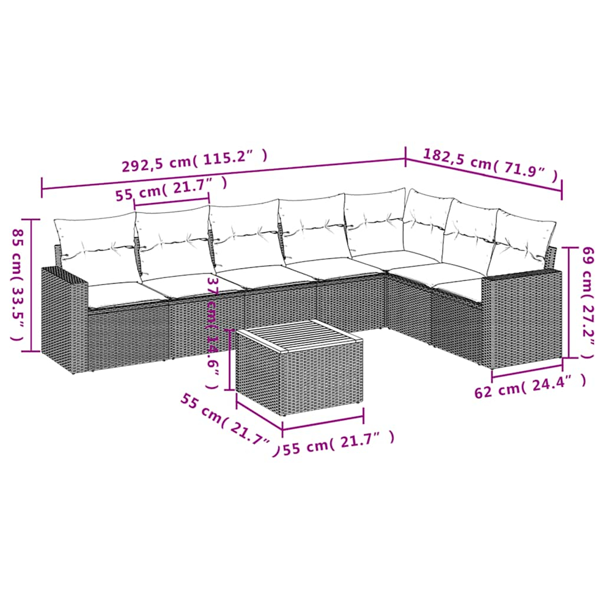 L-förmiges Korbmöbelsofa mit roten Kissen, ein Ottoman, auf weiß. Maße sind beschriftet.