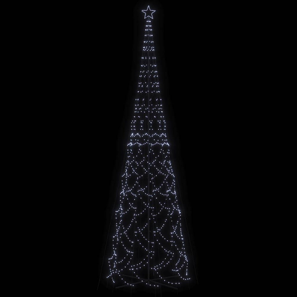 Beleuchtete Weihnachtsbaum-Silhouette vor Schwarz. Stern oben. Lichter formen den Baum.
