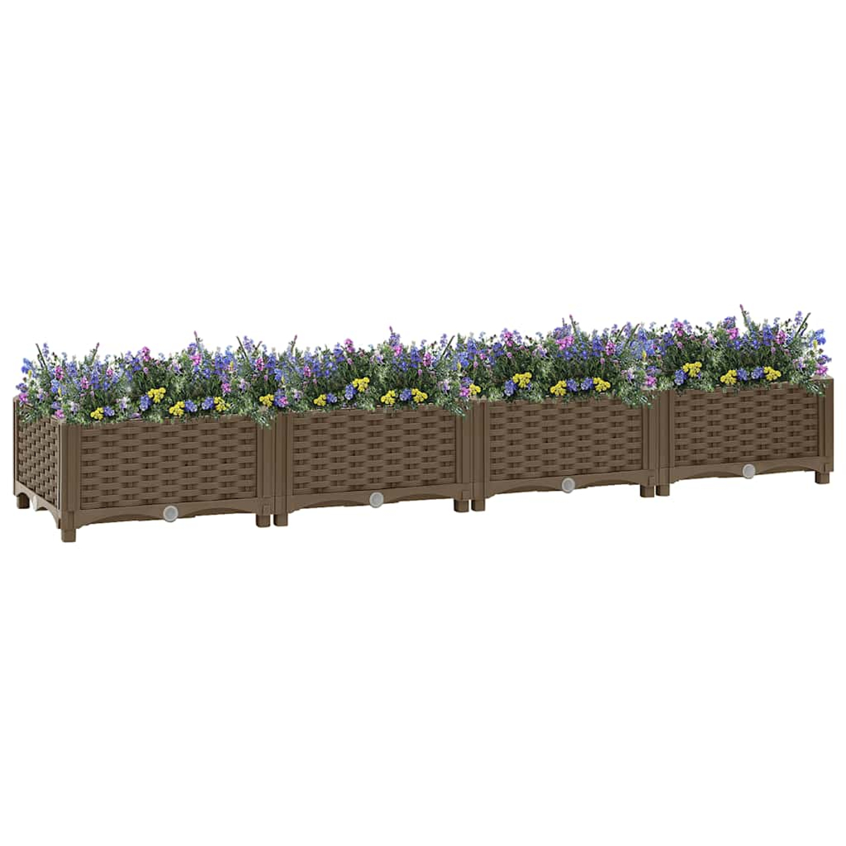 Vier braune, rechteckige Pflanzgefäße mit lavendelartigen Blumen in einer Reihe.