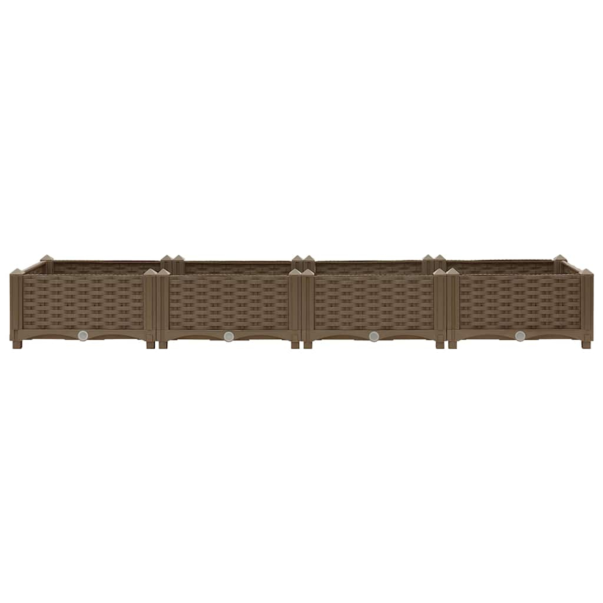 Ein langer, brauner Pflanzkasten mit gewebter Textur. Der Pflanzkasten ist in vier gleiche Abschnitte unterteilt. Der Hintergrund ist weiß.