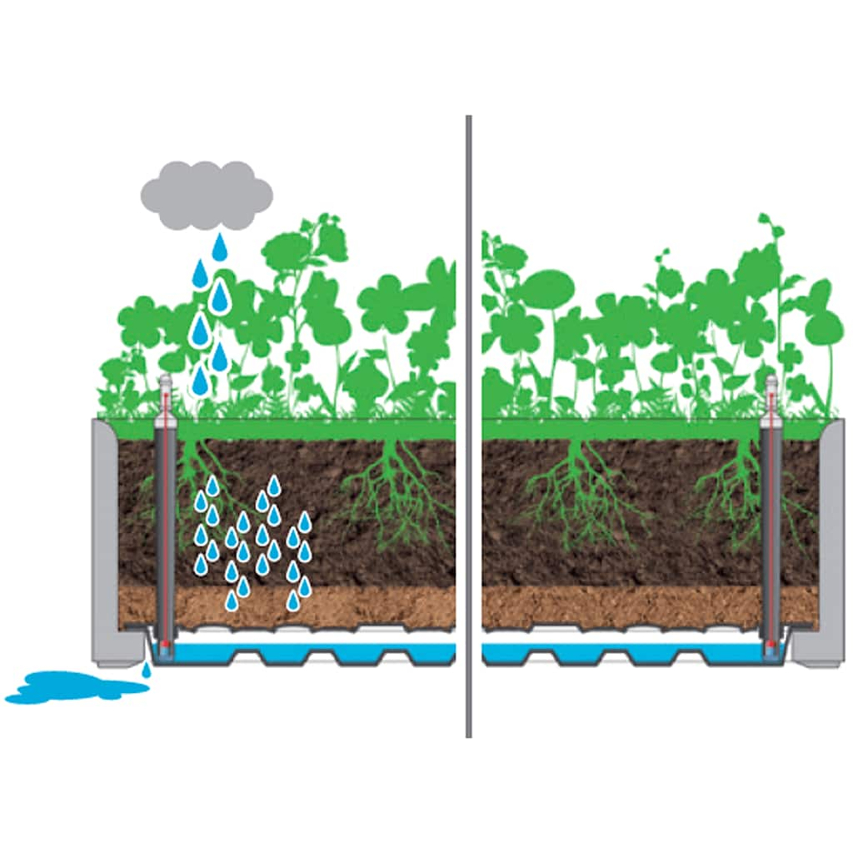 Diagramm, das die Wasserableitung in einem Pflanzkasten zeigt. Regen wird gezeigt, und das Wasser fließt ab.