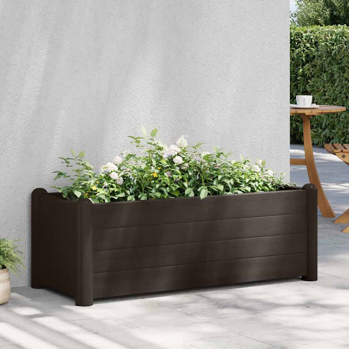 Ein dunkelbrauner rechteckiger Pflanzkasten mit weißen Blumen und grünen Pflanzen vor einer weißen Wand.