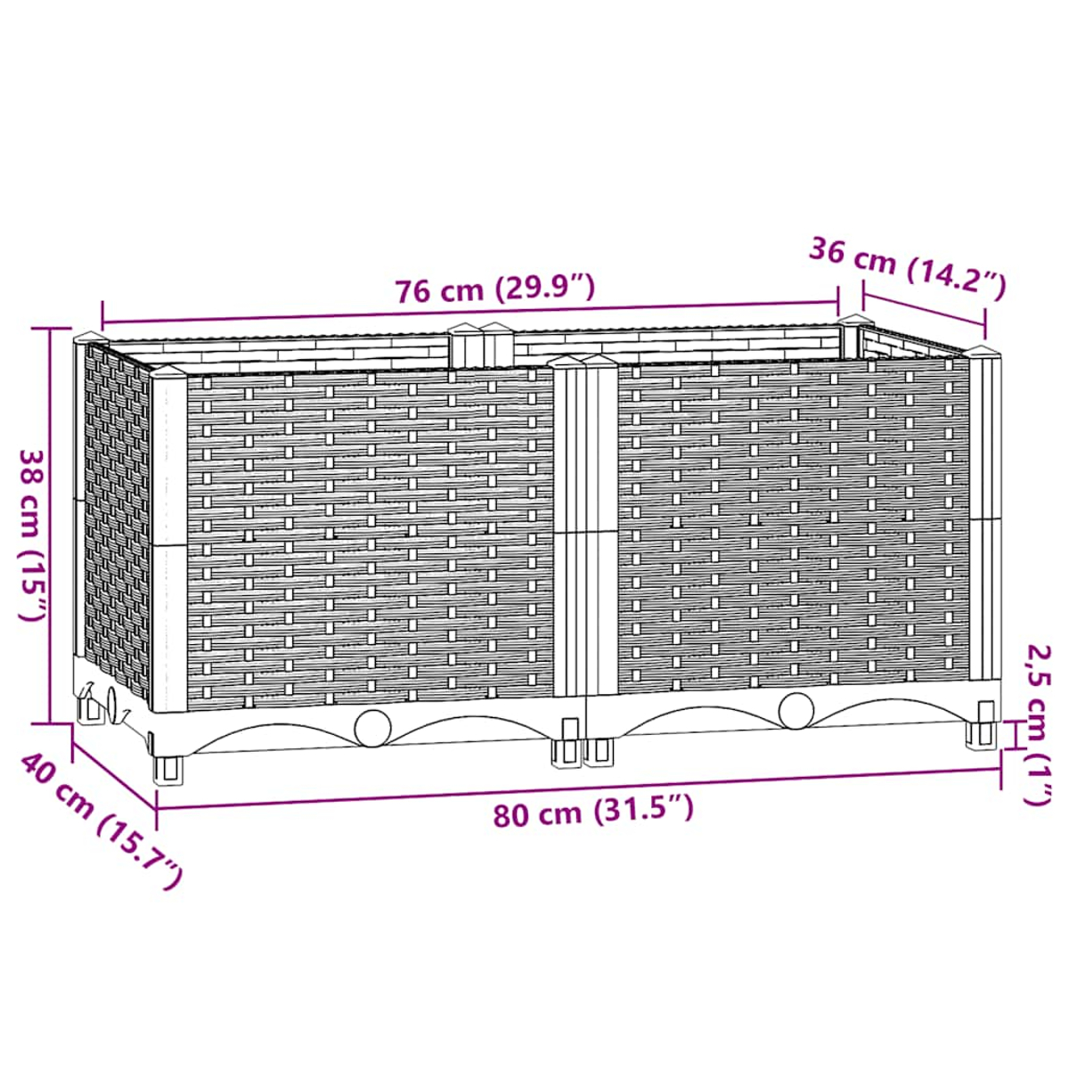 Pflanzer-Abmessungen, ein grauer gewebter Pflanzer mit Abmessungen in cm: 76x36x38 und 80x40x2,5.