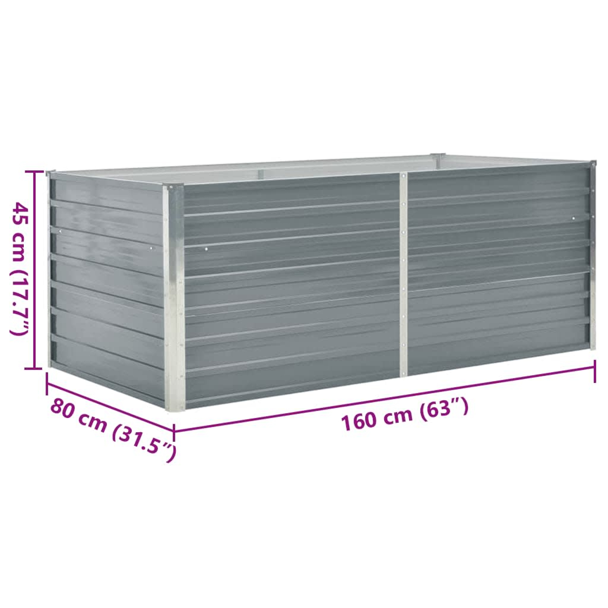 Grauer rechteckiger Pflanzkasten. Maße in cm und Zoll. Weißer Hintergrund.