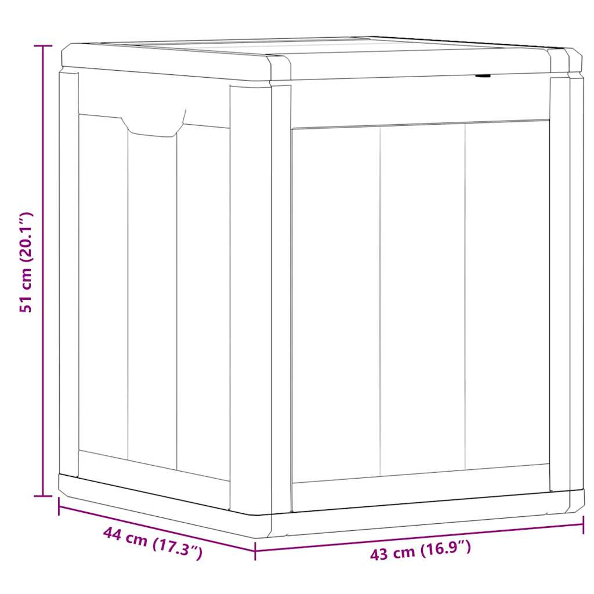 Eine weiße Aufbewahrungsbox mit Abmessungen in cm und Zoll. Sie hat ein schlichtes Design.