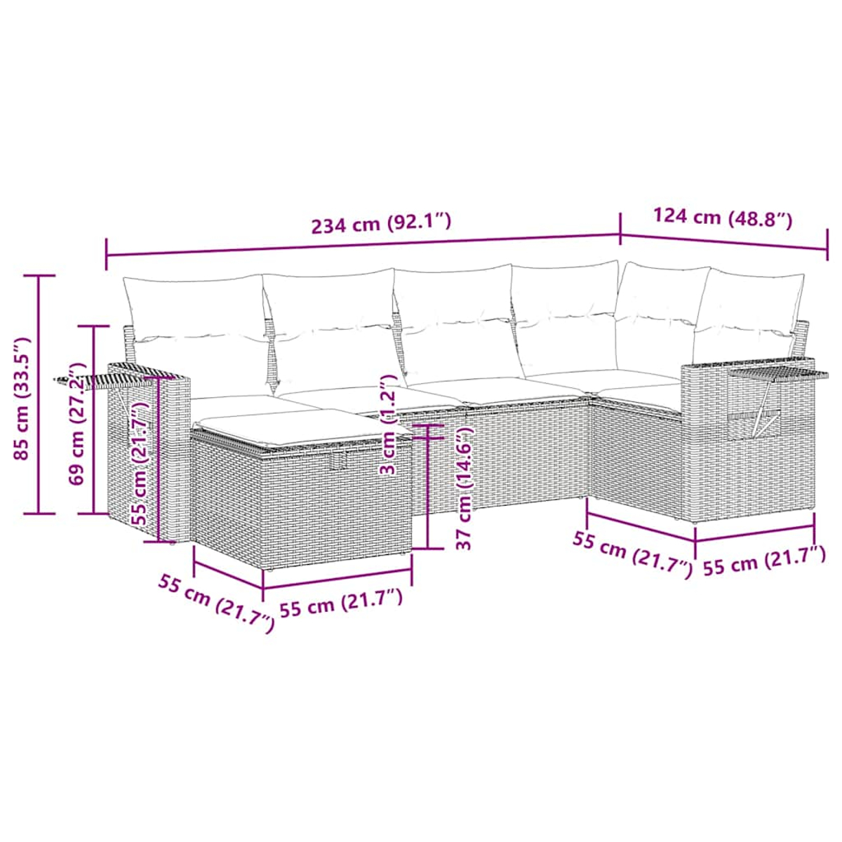 Ein Outdoor-Ecksofa mit hellgrauem Rattan und weißen Kissen, mit modularen Teilen und detaillierten Abmessungen.