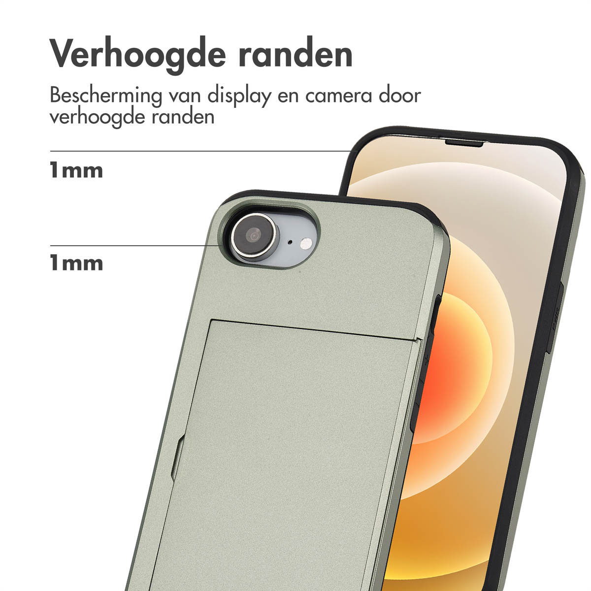 Een lichtgroene telefoonhoes met een gleuf voor een kaart, met verhoogde randen.