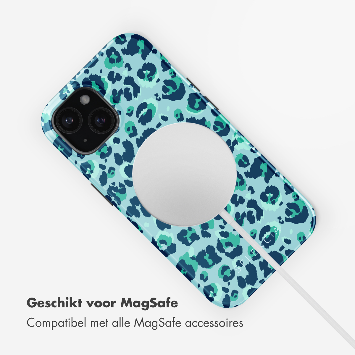 Phone with cheetah print case and MagSafe charger attached. The case is blue and teal.