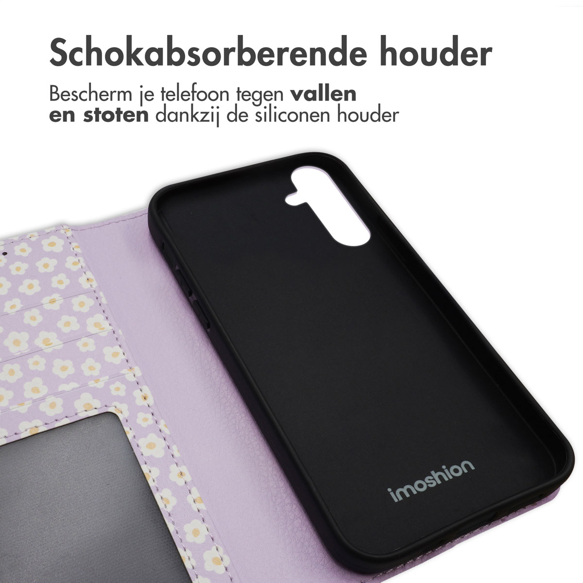 Een zwarte telefoonhoes in een paarse bloemenportemonneehoes, tentoongesteld tegen een neutrale achtergrond, met een modern ontwerp.