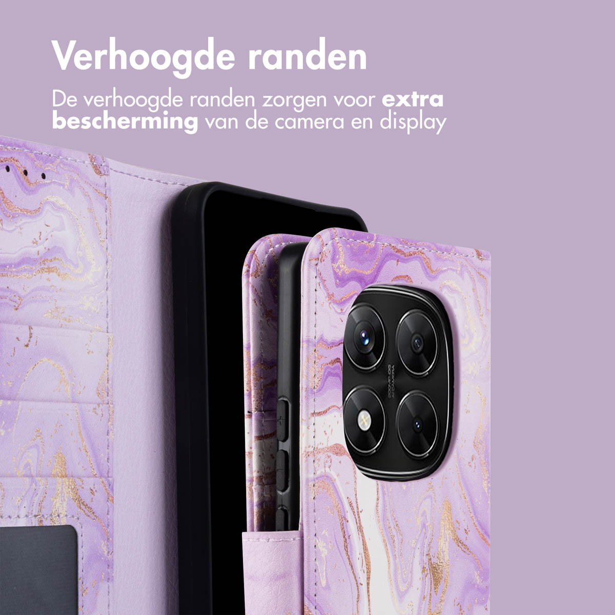 Een paars en gouden marmeren portemonneehoes voor een telefoon met een camera.