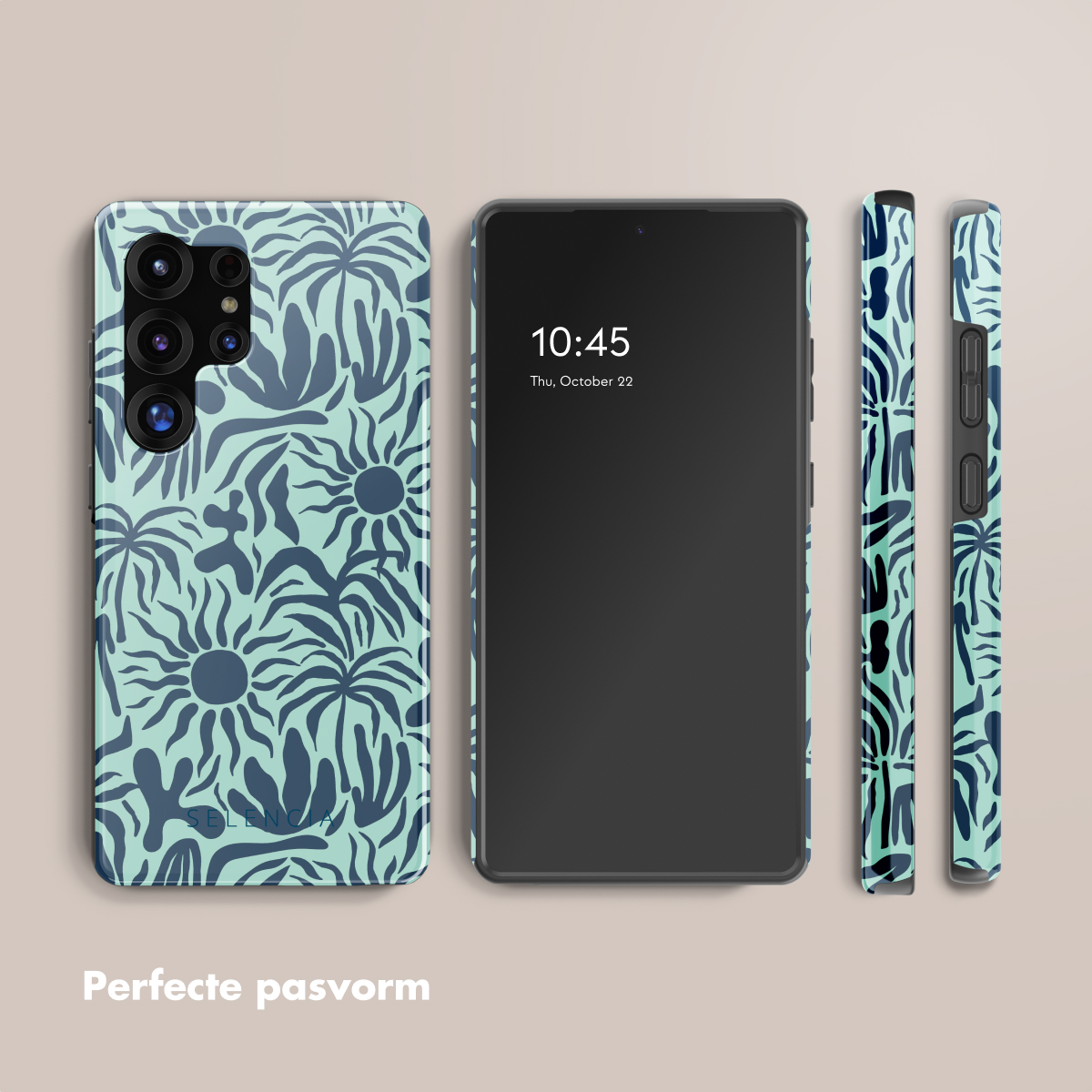 Telefoon met een teal en marineblauwe bloemen design case en twee extra zijkanten. Tekst: Perfecte pasvorm.