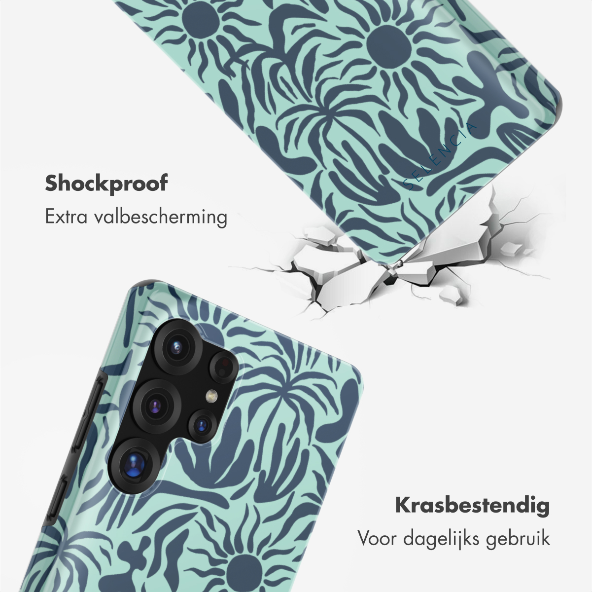 Twee telefoonhoesjes met bloemenpatroon. Eén lijkt kapot. De tekst luidt 'Schokbestendig'.