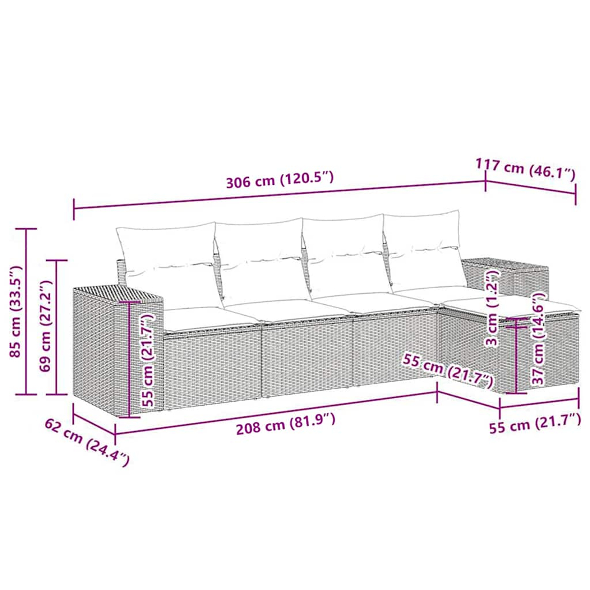 Ein modulares Sofa mit beschrifteten Abmessungen. Das Sofa ist hellgrau und hat vier Abschnitte.