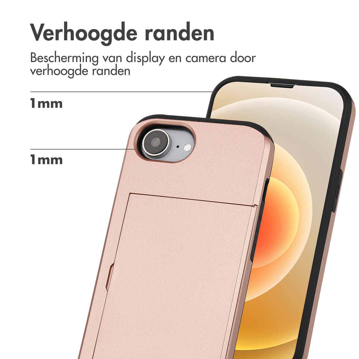 Een telefoonhoesje staat naast een telefoon. De hoes heeft een roségouden kleur.