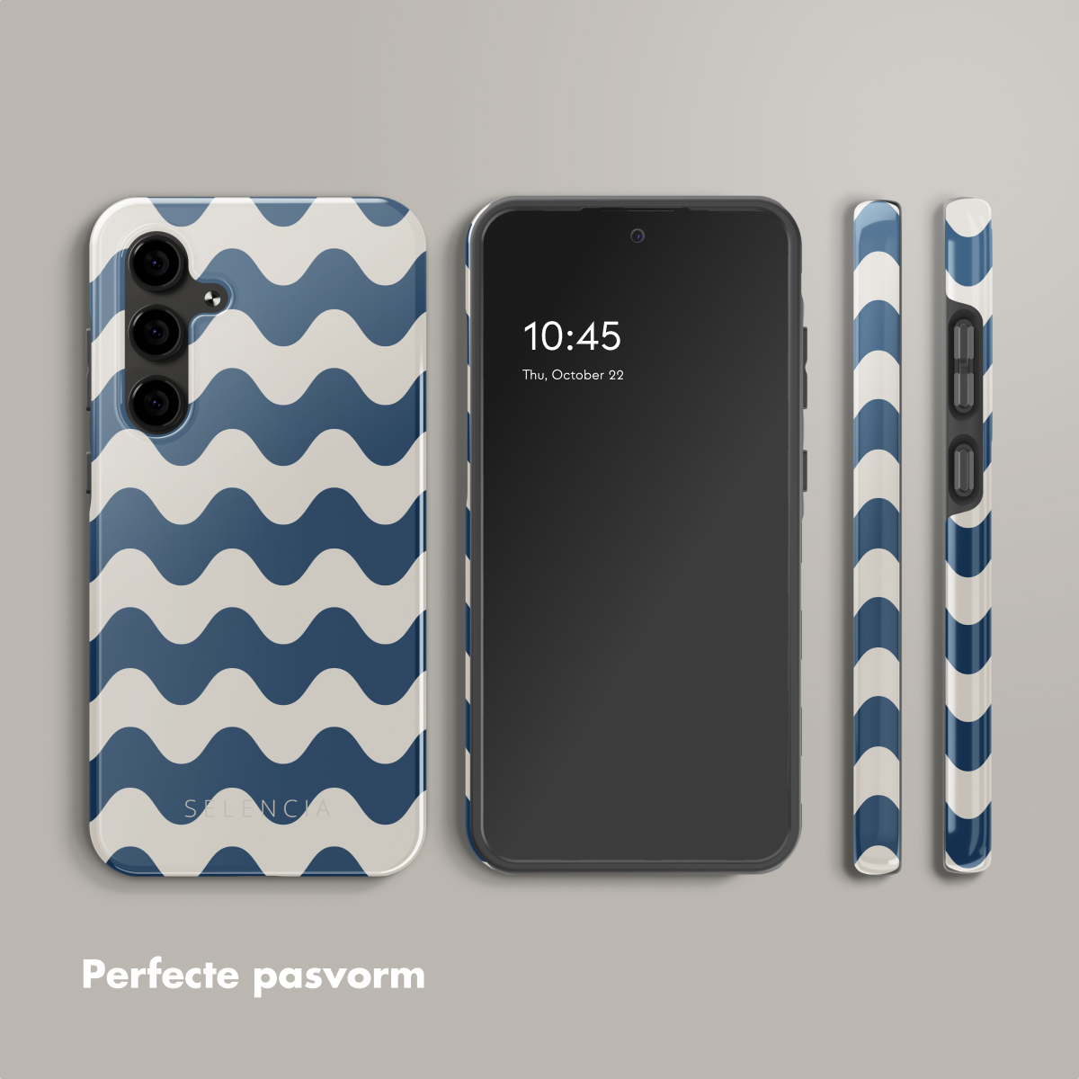 Een telefoonhoesje met een blauw-wit golvend design. De telefoon toont de tijd 10:45.