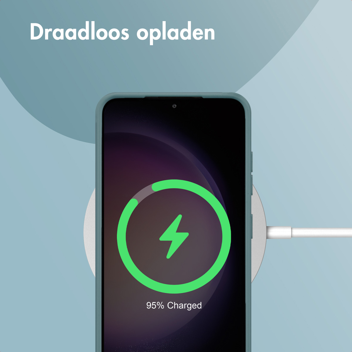 A phone charging wirelessly with a green lightning bolt icon showing 95% charged.