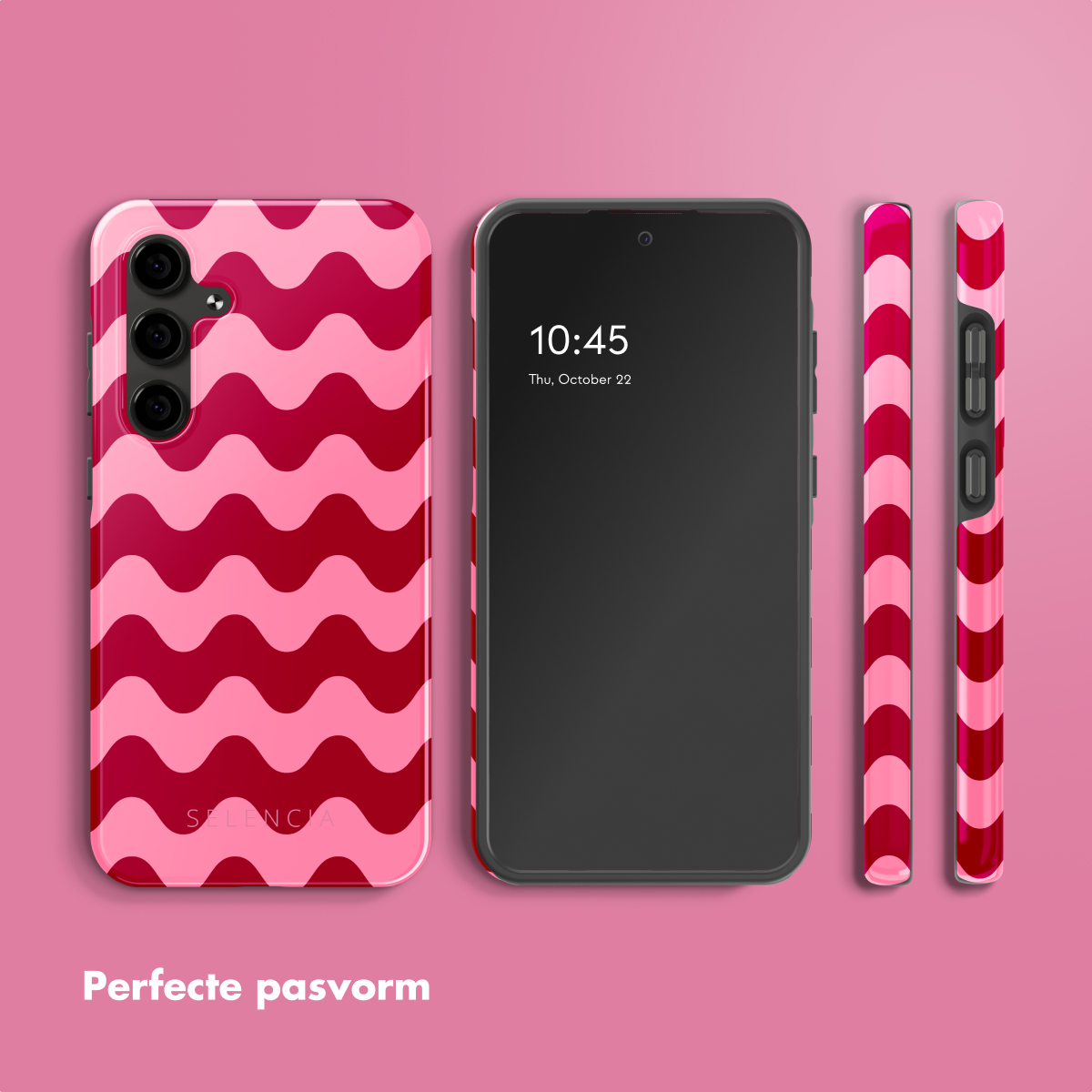 Roze telefoonhoesje met golvende roze en rode strepen. De telefoon toont de tijd.