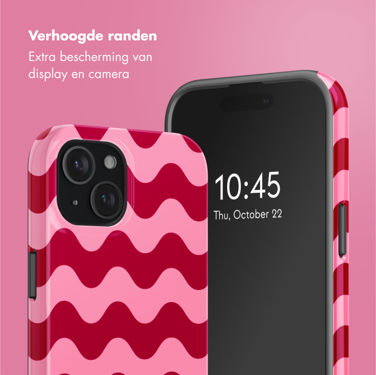 Pink phone case with wavy red stripes. A phone with a black screen is present.