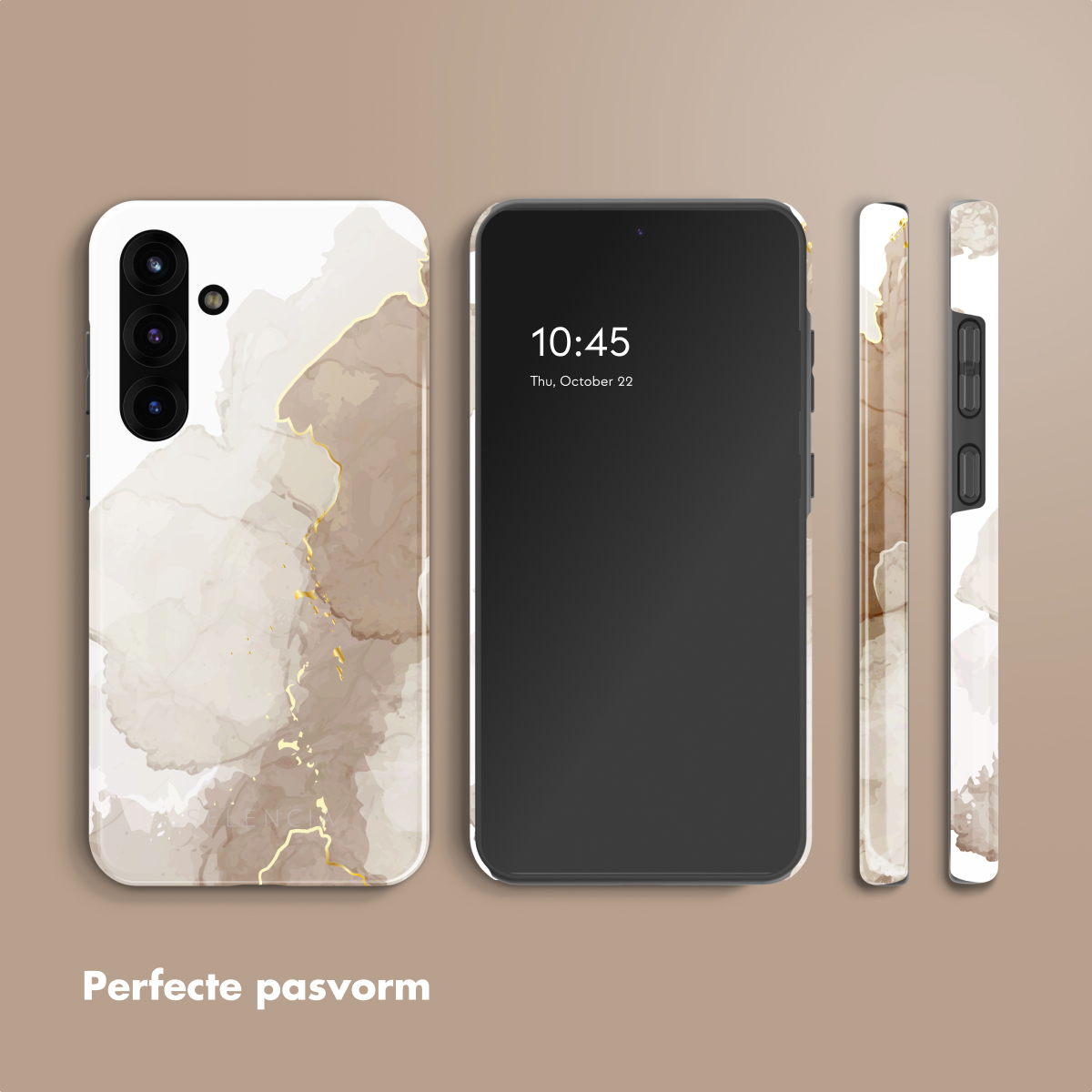 Telefoonhoesje met witte en bruine marmerpatronen met een telefoon. De telefoon toont de tijd en datum.
