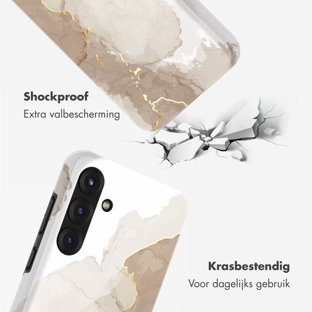 Een telefoonhoesje toont een marmerdesign, dat scheurt na impact. Tekst zegt 'Schokbestendig' en 'Krasbestendig'.