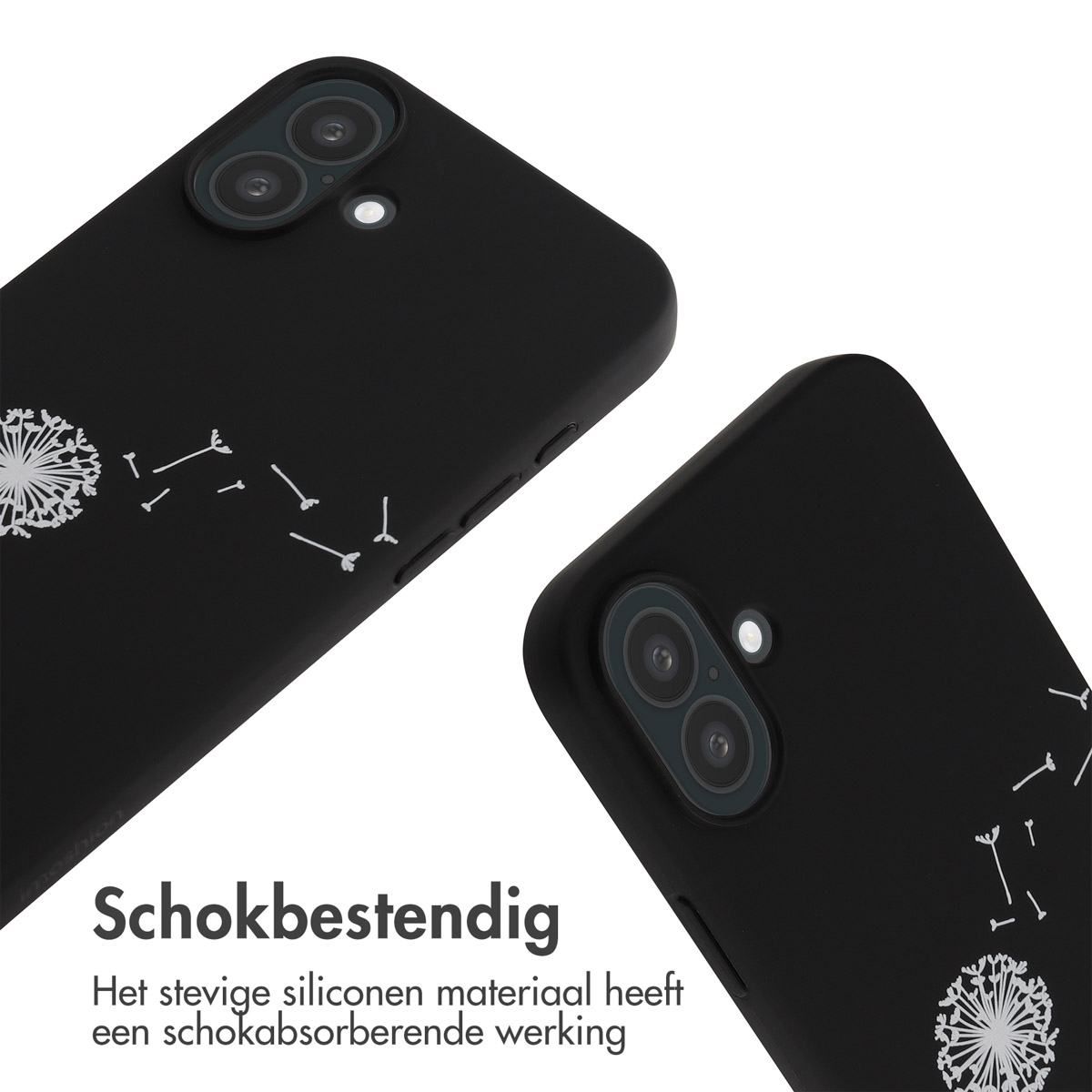 Due custodie per telefono nere con un design a dente di leone bianco. Il testo dice 'Schokbestendig' (Antishock).