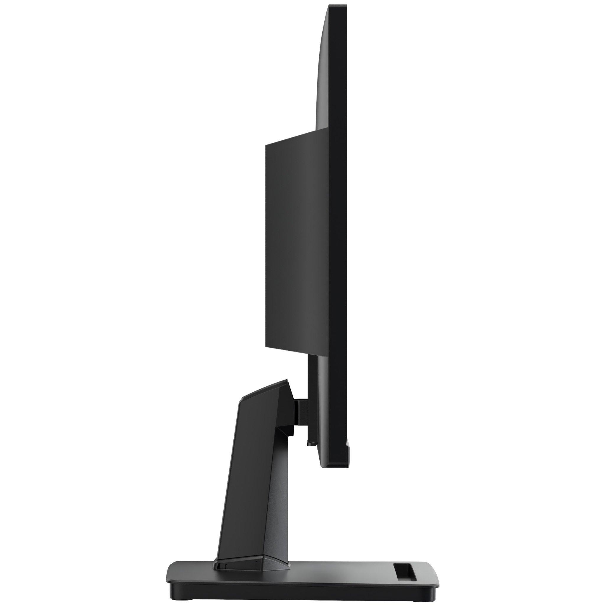 Czarny monitor komputera z boku. Widoczna podstawa, stojak i ekran, wszystko czarne.