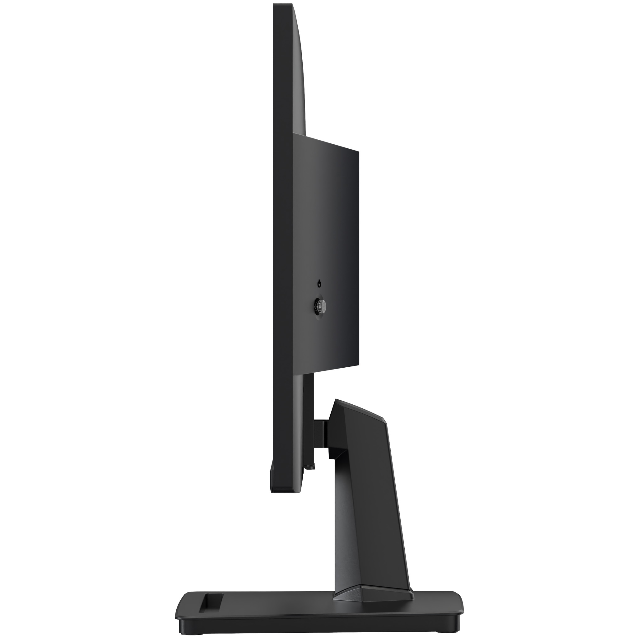 Widok z boku czarnego monitora komputera. Widoczny stojak, ekran i przycisk zasilania.