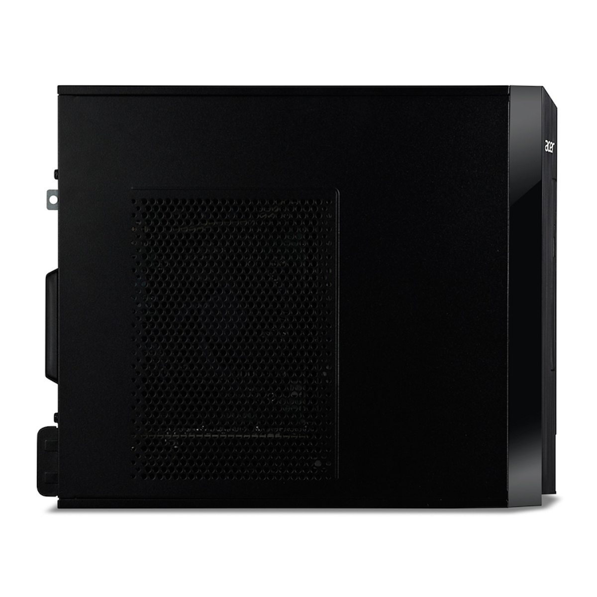Ordenador de sobremesa Acer negro, vista lateral. Panel perforado y logotipo Acer. Fondo negro.