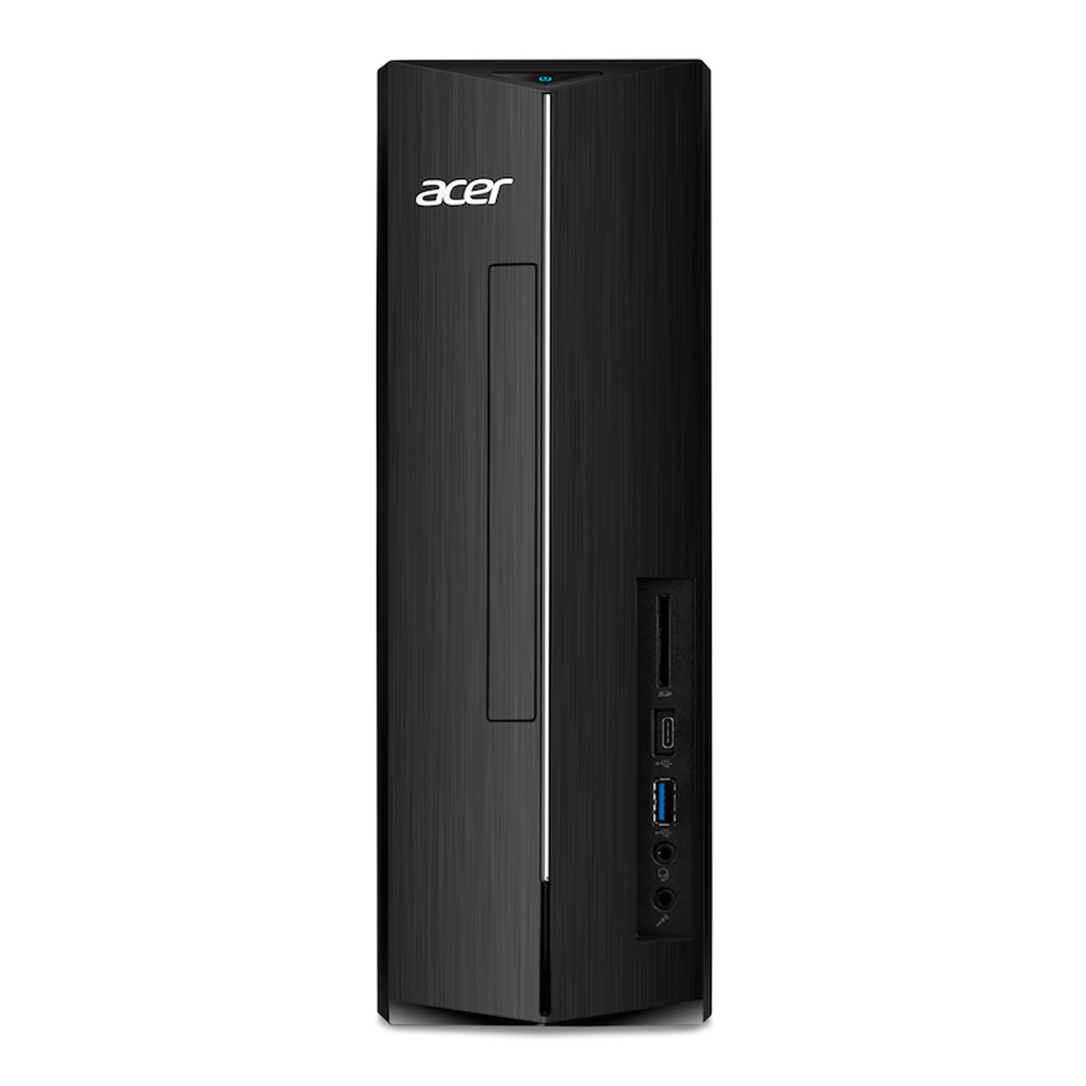 Ordenador de sobremesa Acer negro, vista frontal. Logotipo Acer y puertos visibles. Fondo negro.